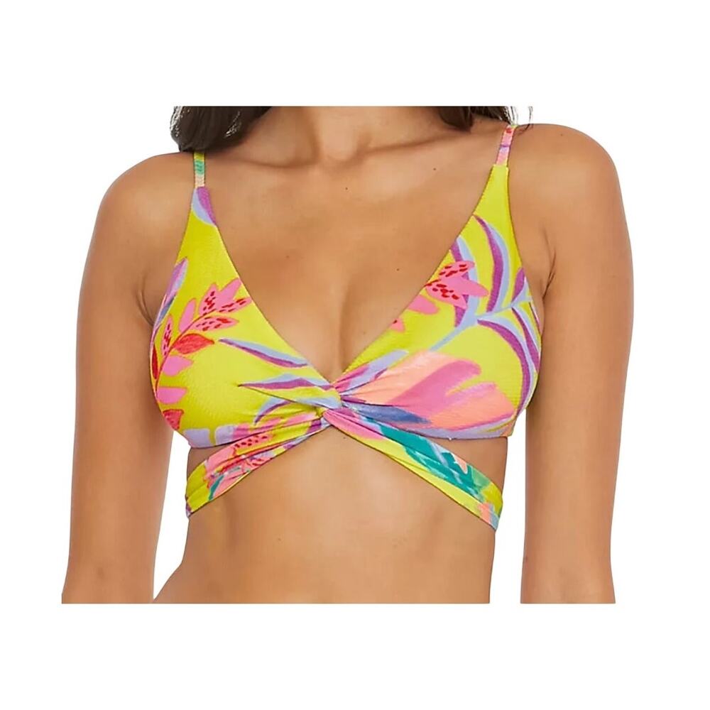 Becca NEW Costa Bella Raegan Twist Front Lime Floral Wrap V-neck Bikini Top